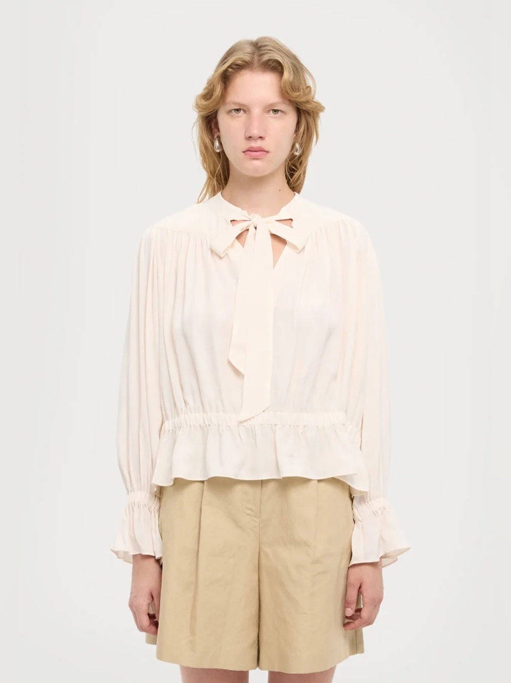 The Kooples Ecru Tie Neck Peplum Blouse Ruffle Cuff Silk Feel Top NWT